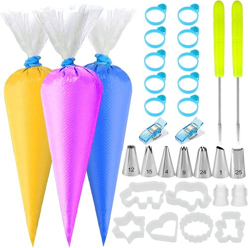 129Pcs Piping Bags Set by [Brand Name] - 100 Disposable 12-Inch Tipless Bags for Cake Decorating | Includes 7 Frosting Tips & 6 Cookie Cutters