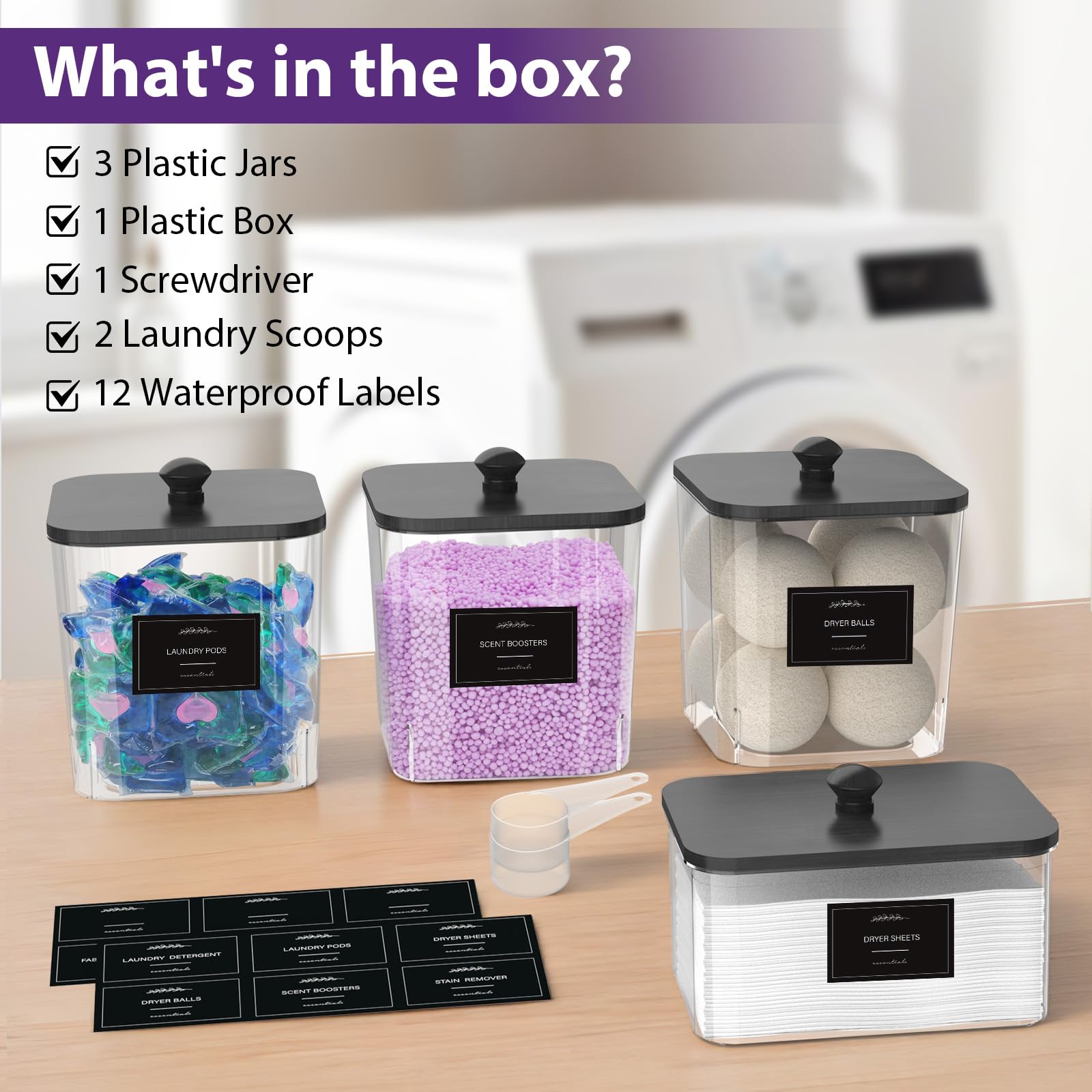 COAZEX 3+1 Pack Clear Laundry Pods Container & Dryer Sheet Holder, Plastic Square Laundry Room Organization and Storage Jars with Black Lids, Scoops & Labels for Detergent, Powder, Dryer Balls