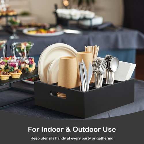 GCWSTJK Wood Utensil Holder for Party, 6-Compartment Paper Plate Organizer with Handles, Wooden Silverware Caddy for Picnic, Camping, BBQ, Buffet, and Kitchen Countertop Organization, Black