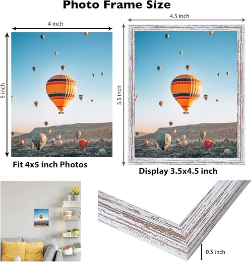 JCJMY 4x5 Rustic White Picture Frame - Versatile Wall Hanging & Tabletop Display with Shatter-Resistant Plexiglass