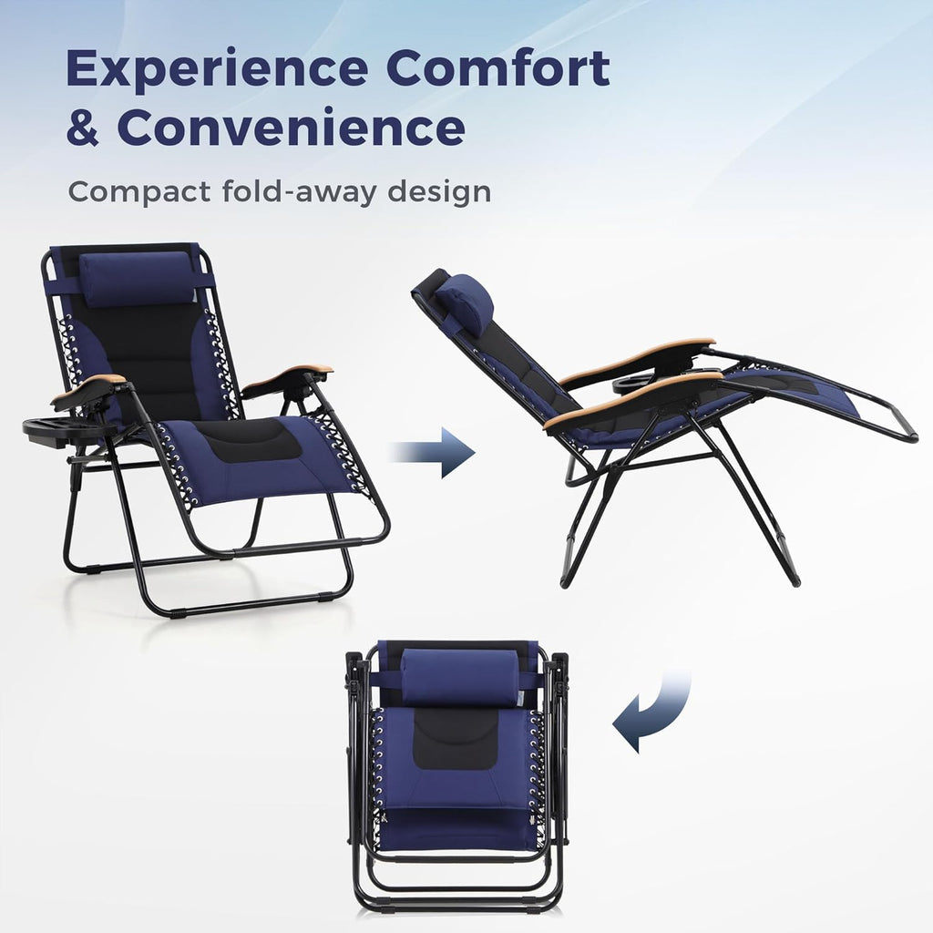 MAISON ARTS Oversized XXL Padded Zero Gravity Chair Set - Foldable Patio Recliner with Cup Holder & Pillow, Blue, Supports 400lbs