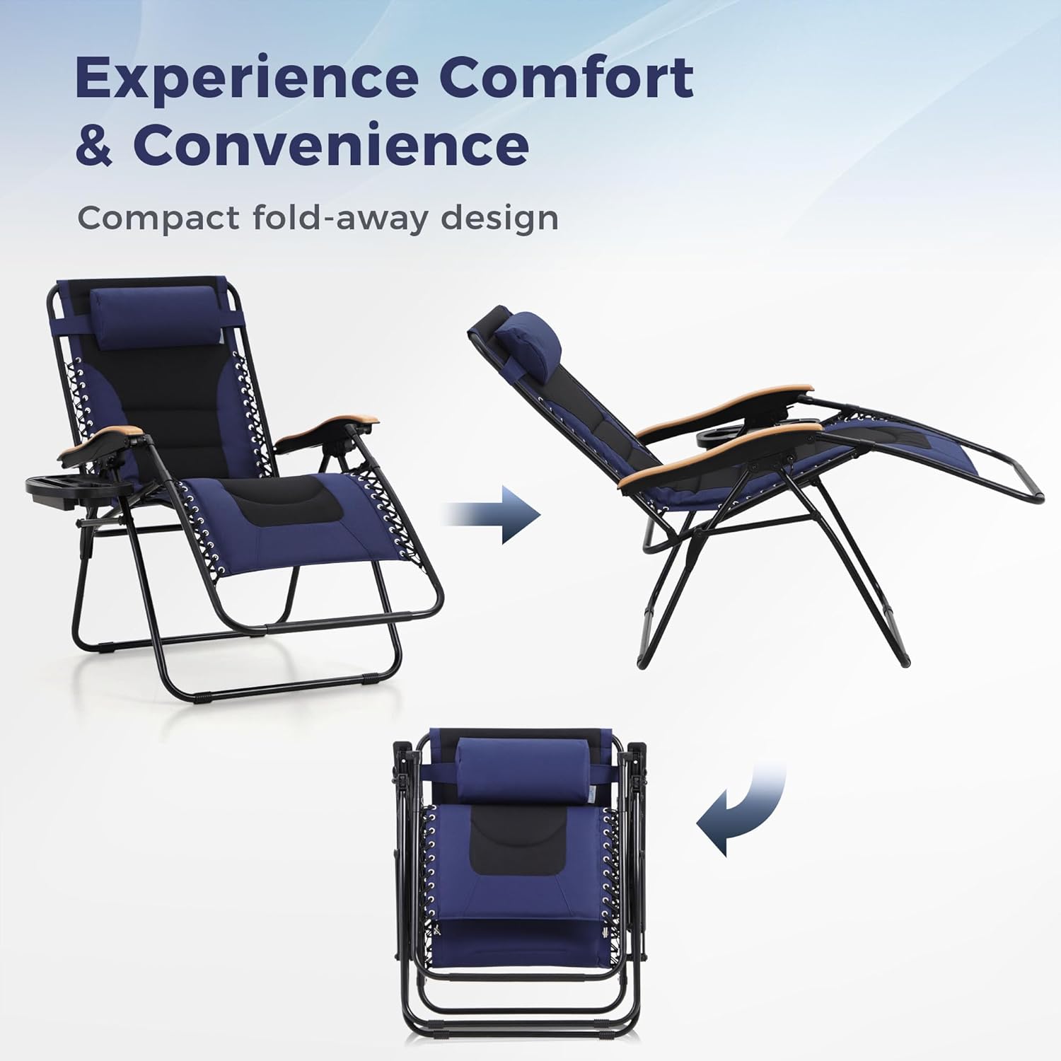 MAISON ARTS Oversized XXL Padded Zero Gravity Chair Set - Foldable Patio Recliner with Cup Holder & Pillow, Blue, Supports 400lbs