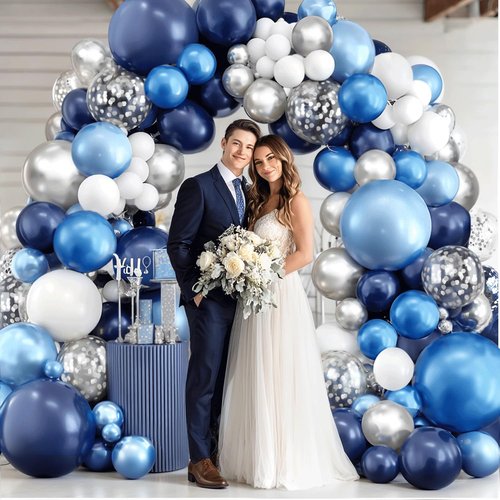 Blue White Silver Balloons Arch Kit - Navy Blue & White with Metallic Confetti for Graduation & Parties