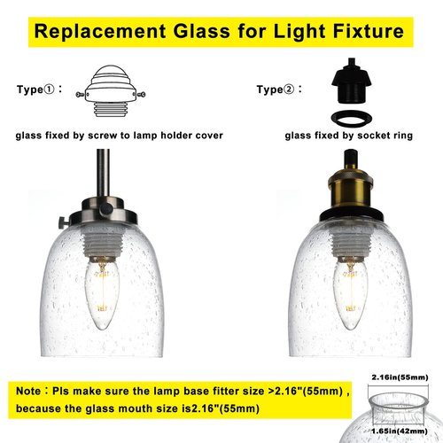4 Pack Clear Seeded Glass Replacement,2-1/8" Fitter, 5.47" High, 4.76" Diameter Shades Covers for Ceiling Fan Light Fixtures Pendant Lighting Chandelier Vanity Light Kitchen Island Light.