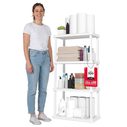 IRIS USA 4-Shelf Light Duty Plastic Storage Shelves, 200lb Capacity, 48" H x 24" W x 12" D, Medium Modular Shelving Unit Storage Organizer for Bathroom, Laundry, Garage & Home, Storage Rack - White