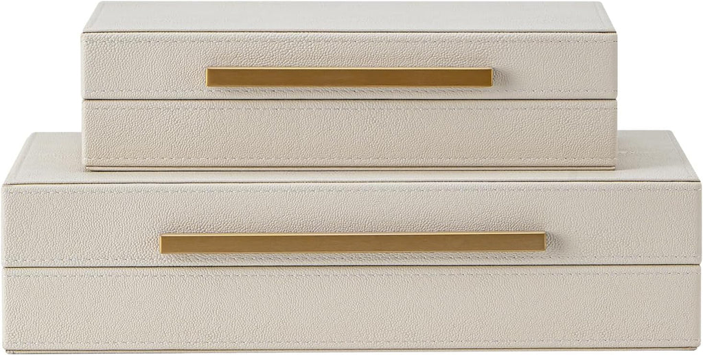 Regine Switzerland Set of 2 Beige Shagreen Decorative Storage Boxes - Faux Leather Jewelry & Memory Organizers