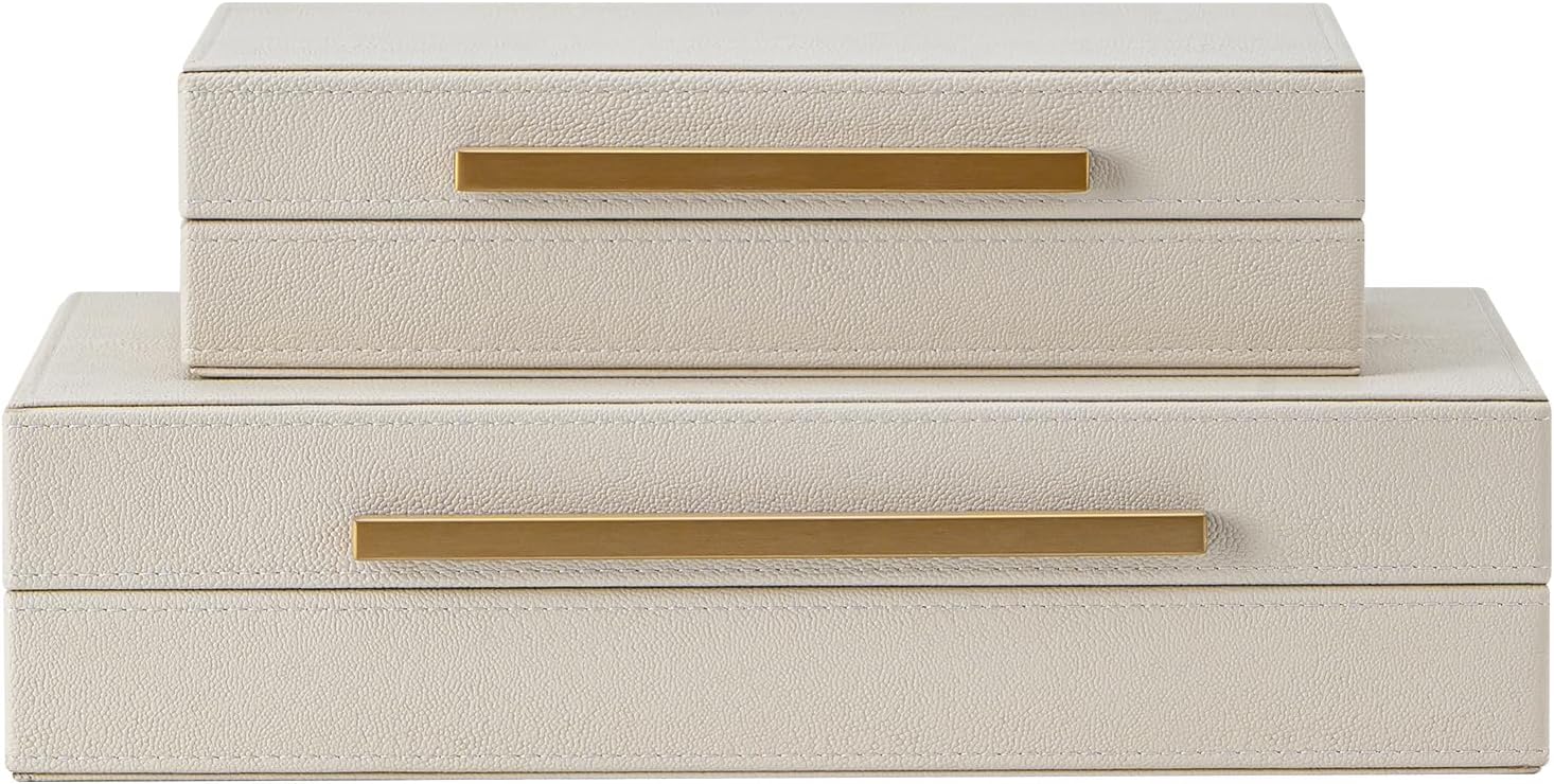 Regine Switzerland Set of 2 Beige Shagreen Decorative Storage Boxes - Faux Leather Jewelry & Memory Organizers