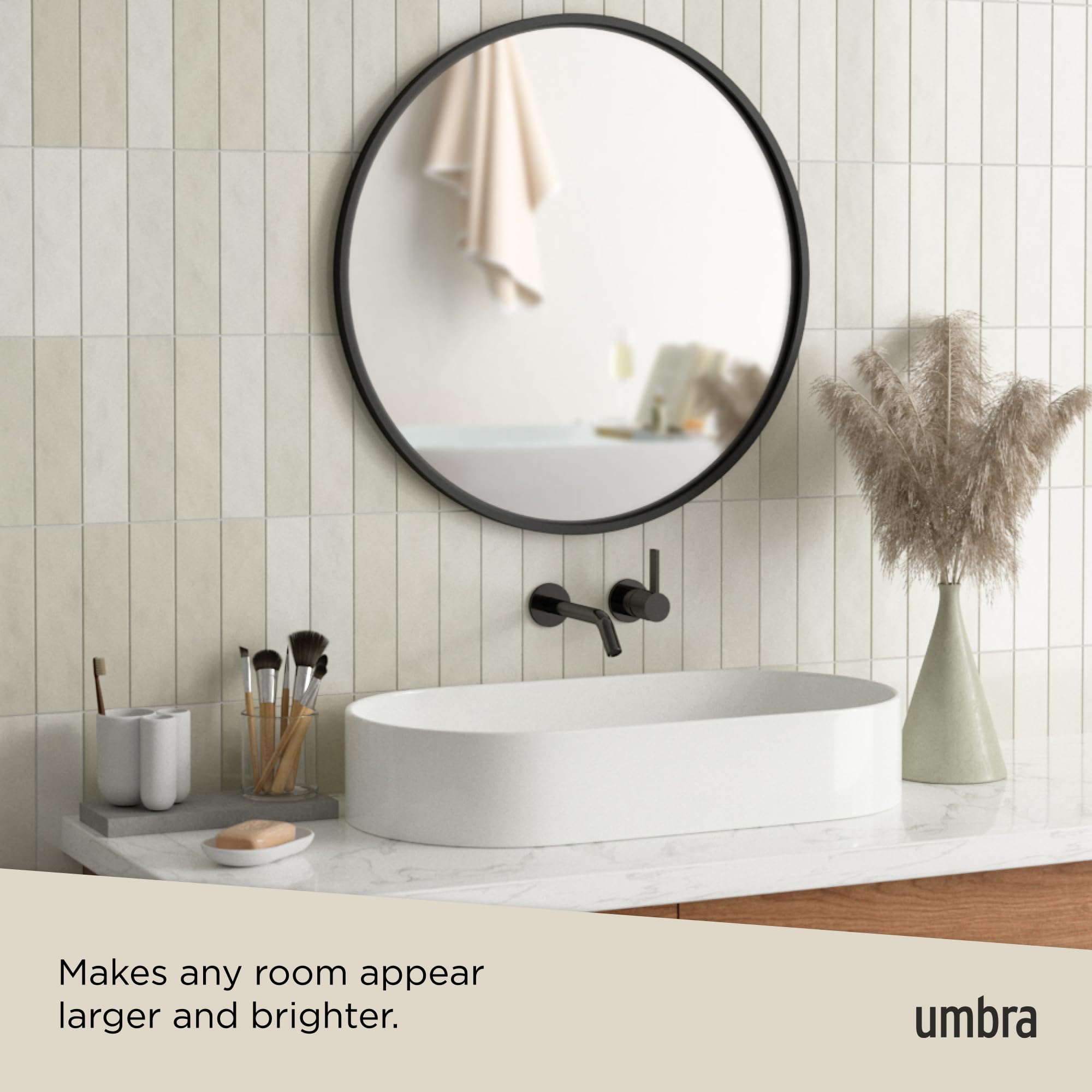Umbra Hub Round Wall Mirror with Rubber Frame, Modern Style for Bathroom, Entryway, Living Room and More, 24-Inch, Black