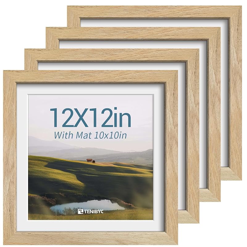 12x12 Picture Frame 4 Pack - Natural Wood, 10x10 Mat, Glass - TENIBYC Variation: Natural 4 Pack 12 X 12