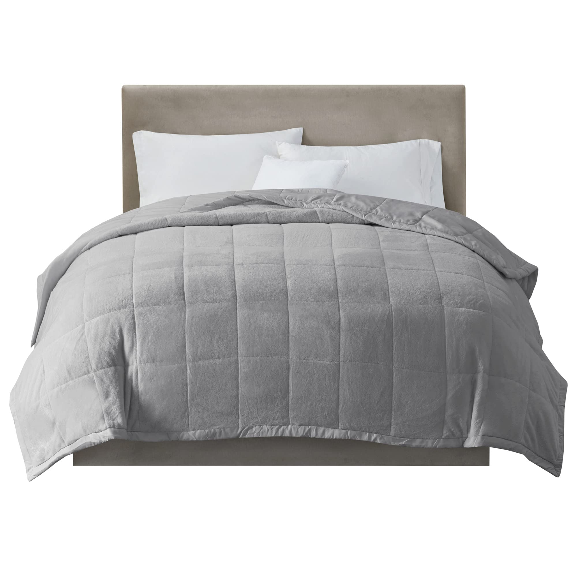 Madison Park Twin Cozy Blanket HeiQ Smart Temperature Plush to Microfiber Reverse Box Quilting, Reversible, Soft All Season, Lightweight Summer Cover, for Bed, Couch and Sofa, Twin/Twin XL, Grey