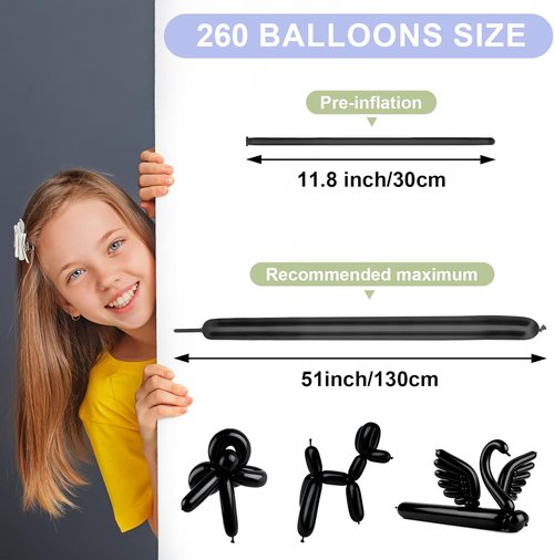 260 PCS Black Balloons - Premium Long Skinny Latex for Twisting, Weddings & Birthday Parties