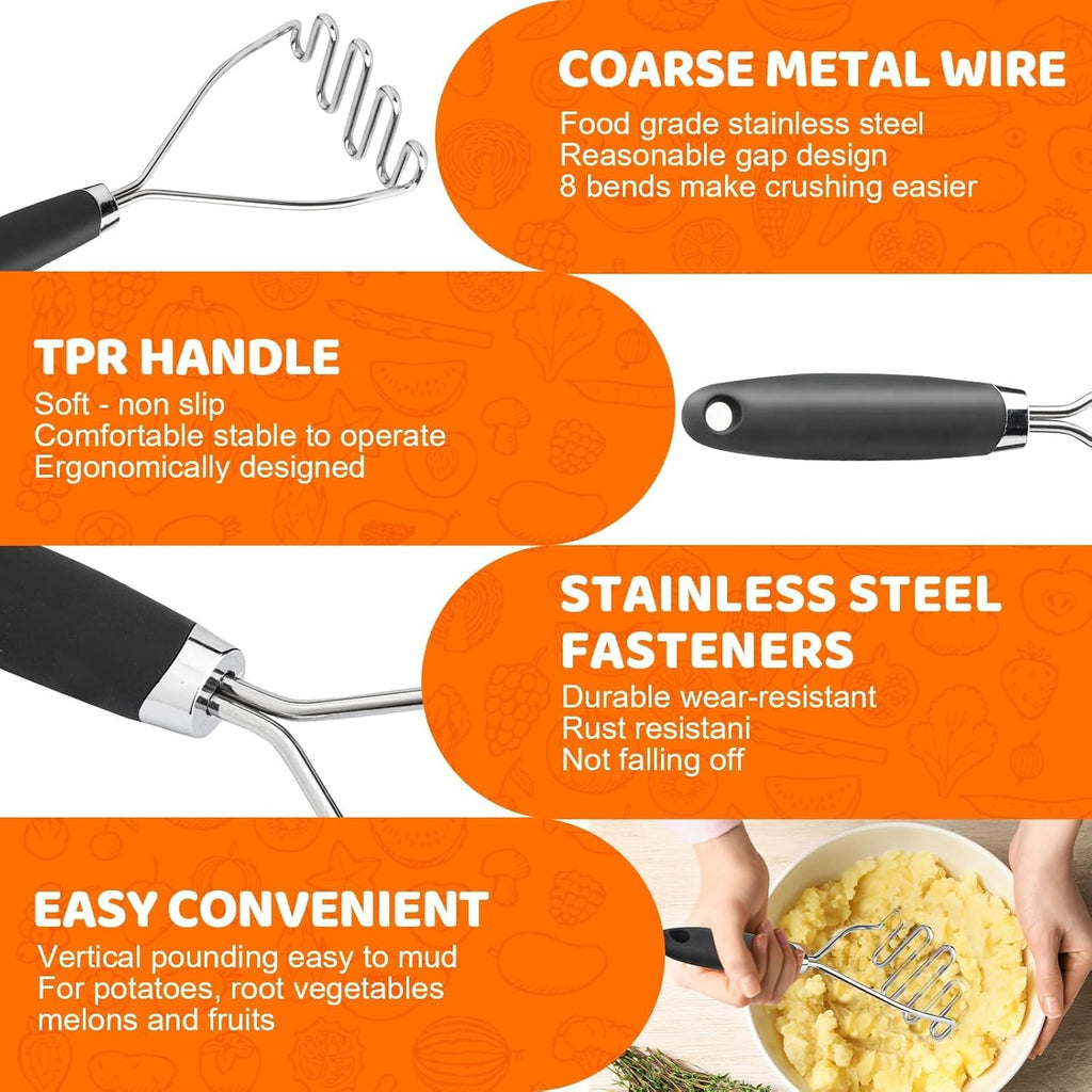Skiennix Potato Masher Set - 2-Piece Stainless Steel Wire Masher for Perfectly Creamy Potatoes | Black