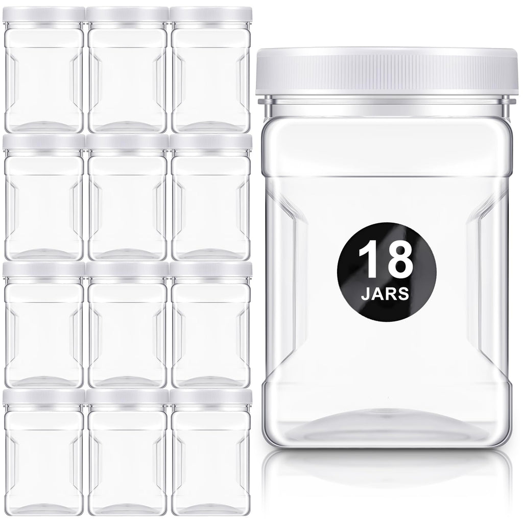 Gerrii 18 Pcs 27 Oz Plastic Storage Jars with Lids, Clear Wide Mouth Square Plastic mason Containers, Paint Storage Containers with Easy Grip Handles, Reusable Wide Mouth Canisters