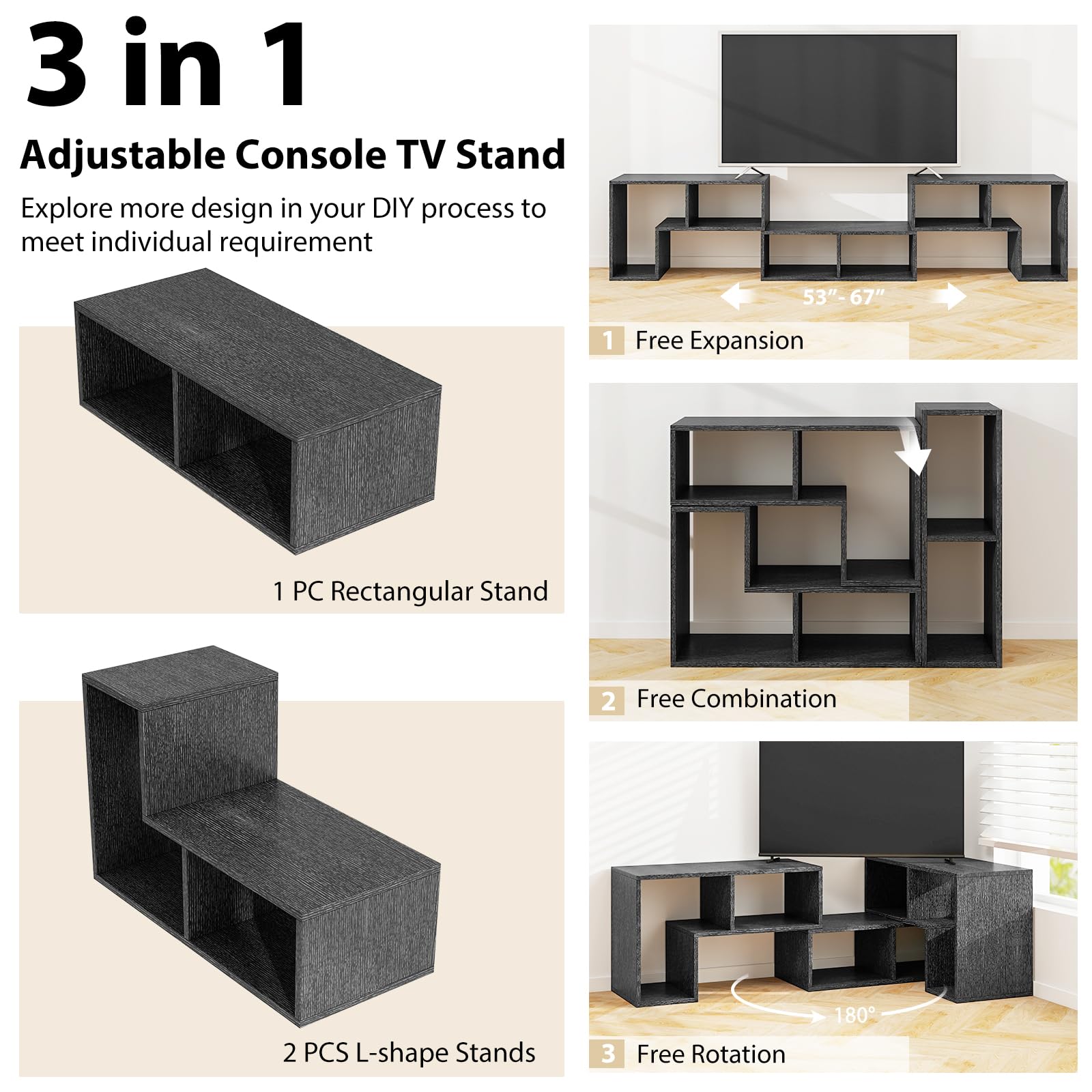 Tangkula 3 Pieces Console TV Stand, Free-Combination Entertainment Center for 50 55 60 65 Inch TV, Minimalist Modern TV Table Media Stand, DIY Open Storage Bookcase for Living Room (Black Wood Grain)