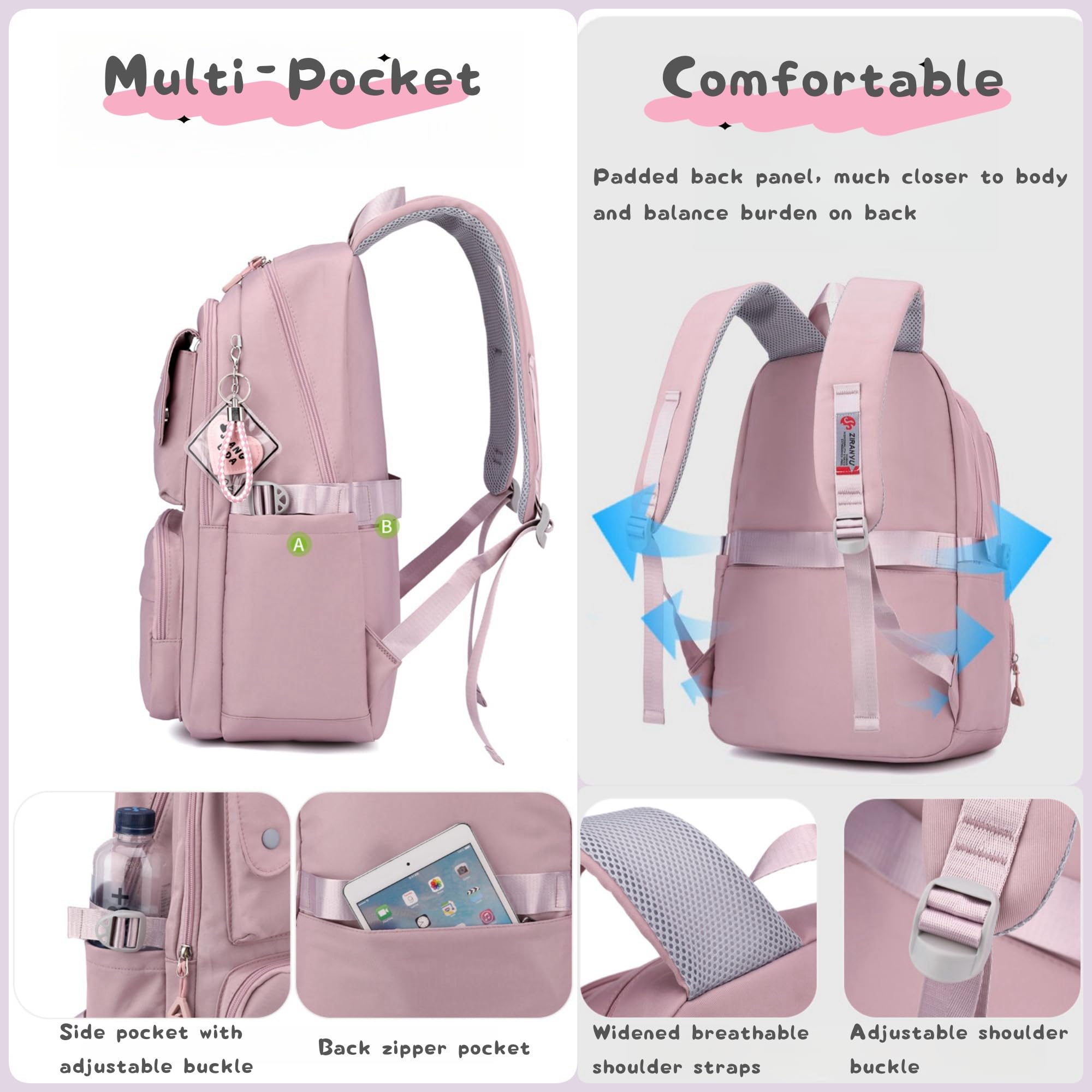 Bansusu 3Pcs Girls Backpack and Lunchbox Set for School Kids, Solid Color School Bag Backpack for Girls with Lunch Bag, Grey