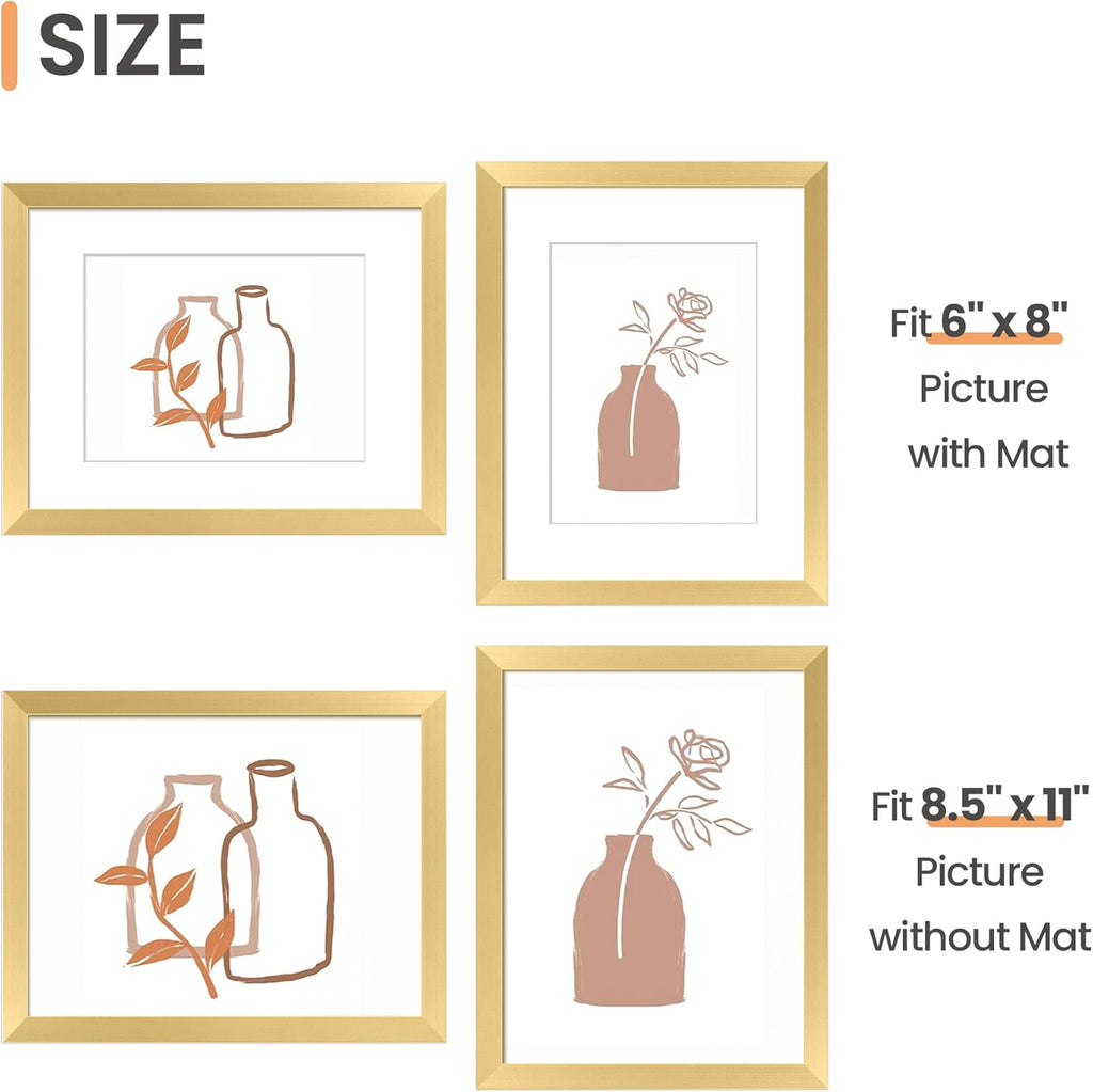 Upsimples 8.5x11 Picture Frame Set of 5 - Elegant Gold Frames for 6x8 or 8.5x11 Photos