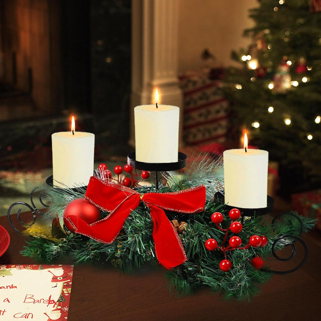MorTime Christmas Candle Holder - Festive Table Centerpiece with Red Bow, Berries & Pinecones | Steel Base