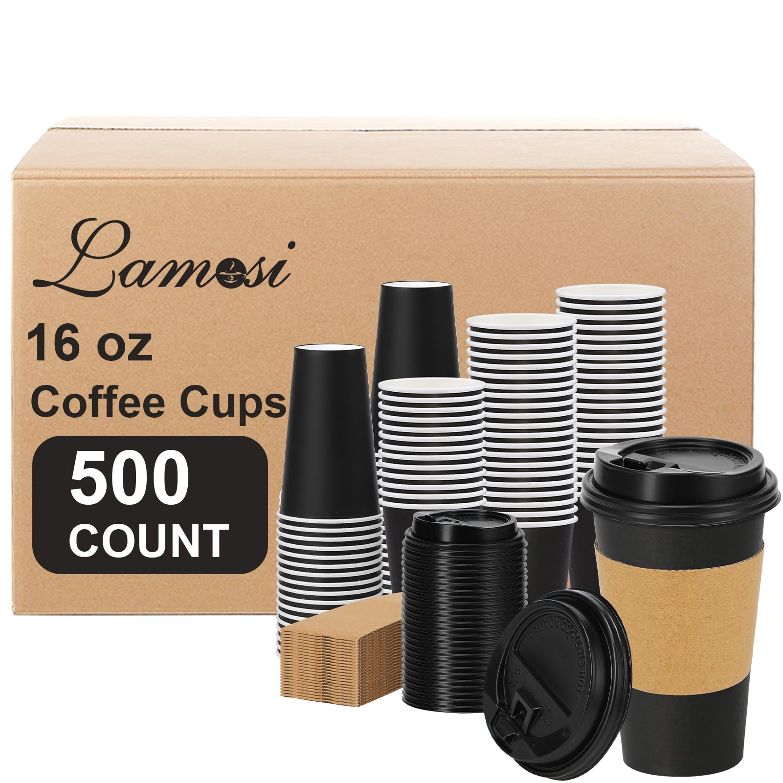 Lamosi 500 Pack 16 oz Disposable Coffee Cups with Lids and Sleeves, Black Leak-Proof To Go Coffee Cups with Lids, Hot/Cold Beverage Black Drinking Cup for Home, Office, Parties, Travel