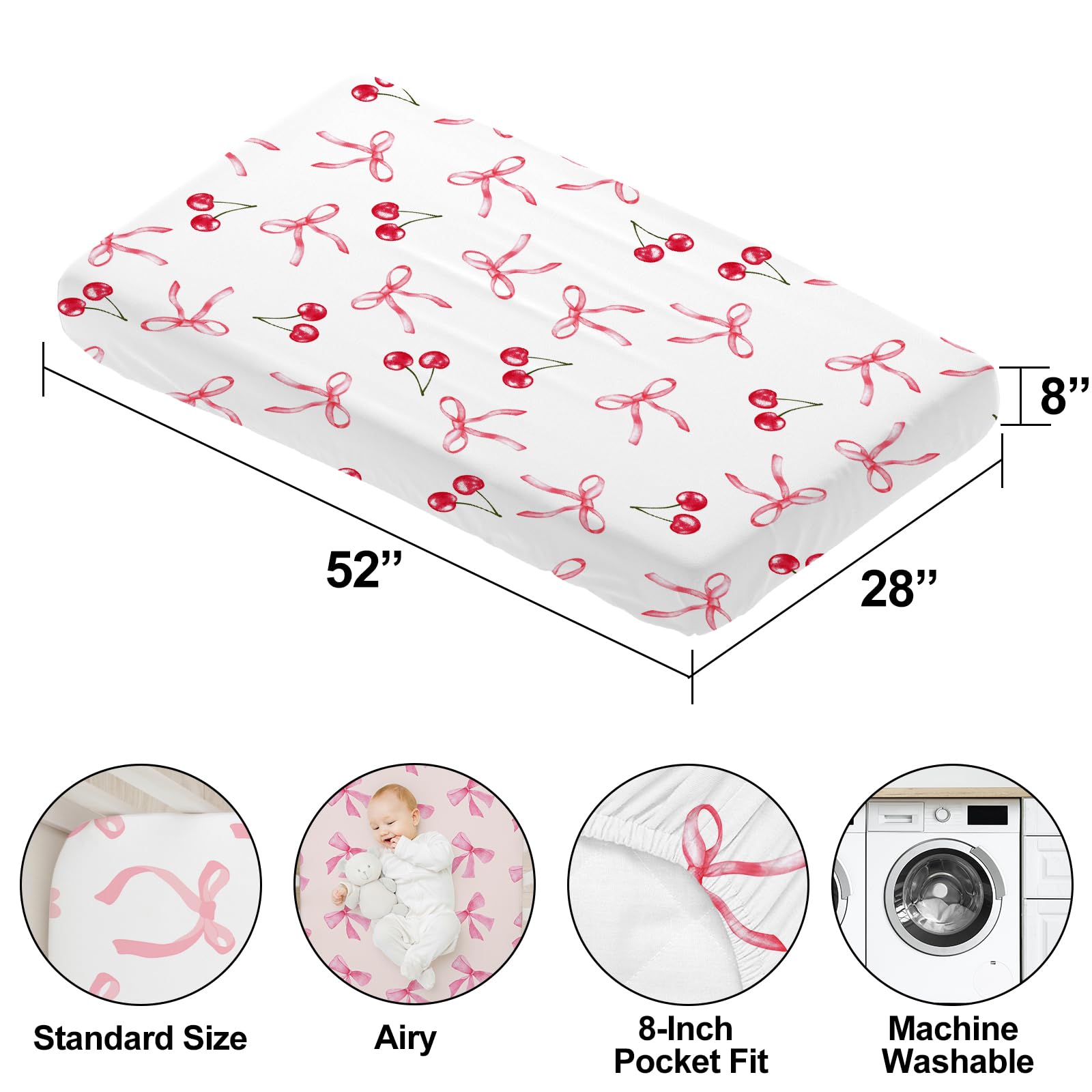 4 Pack Pink Bow Crib Sheet Set for Baby Girl, Soft Breathable Fitted Crib Sheet 28 x 52 in, Nursery Decor for Standard Crib and Toddler Bed Mattresses
