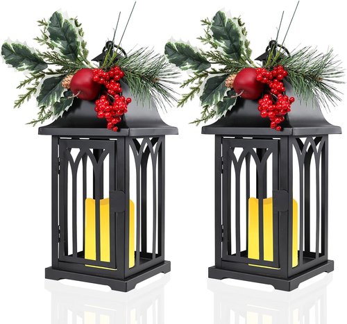 Bdor Christmas Lanterns - Set of 2 Black Decorative Candle Lanterns with LED Flameless Candle | 15" Tall Holiday Decor