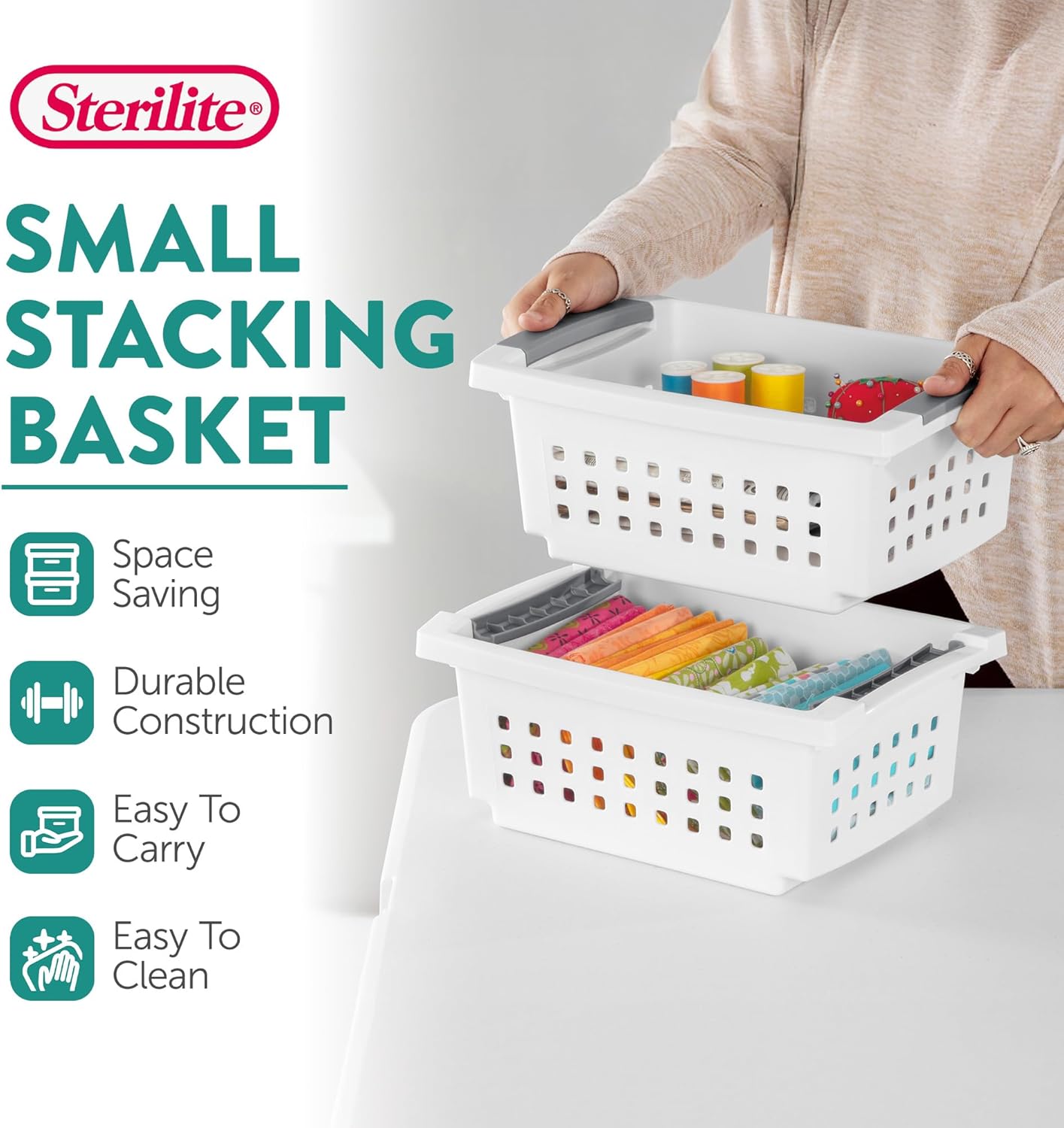 Sterilite Small Plastic Storage Baskets - Stacking Design with Comfort Grip Handles | 8 Pack, White