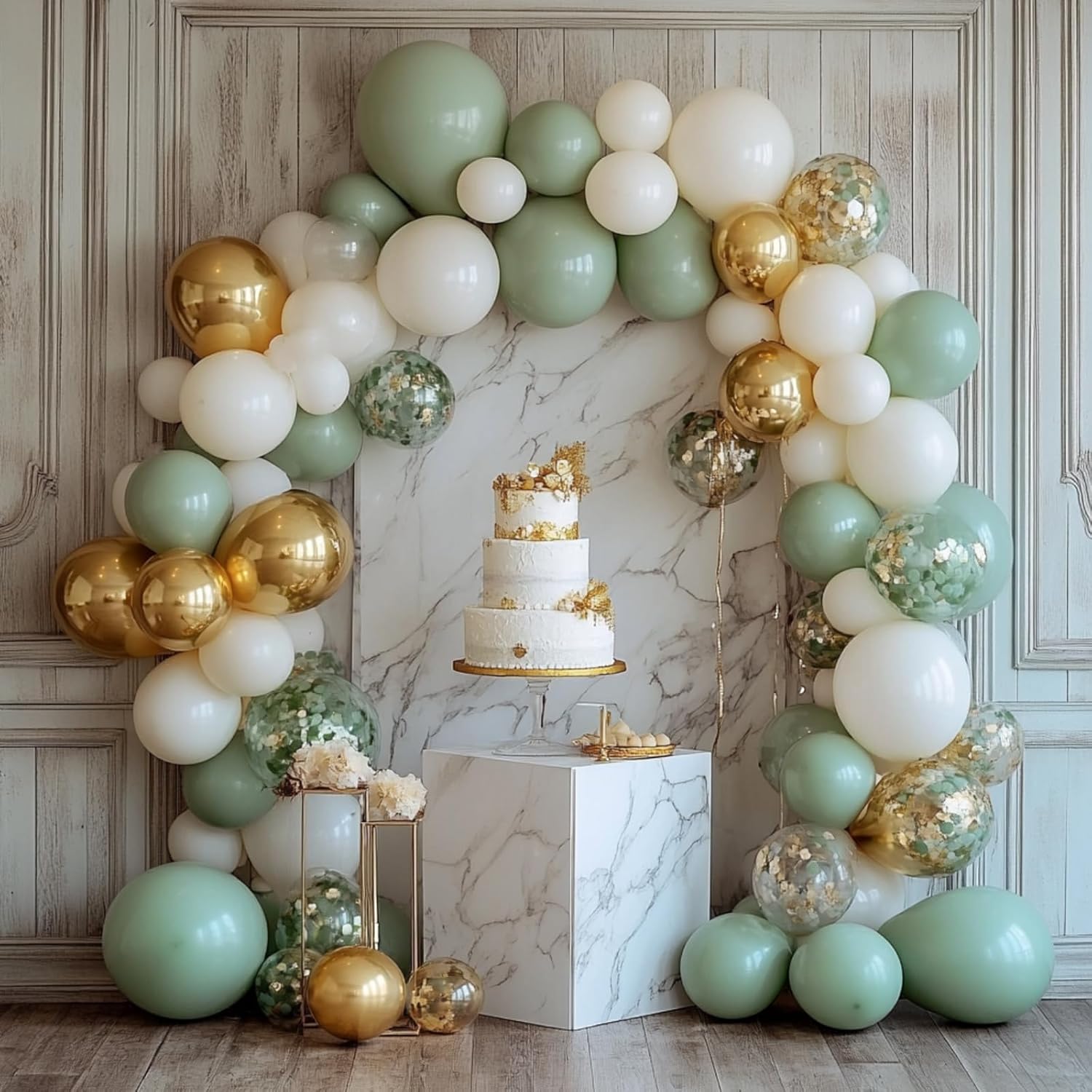 PartyWoo Balloon Arch Kit - Sage Green & Gold Confetti - 152pcs in Various Sizes for Baby Showers & Birthdays