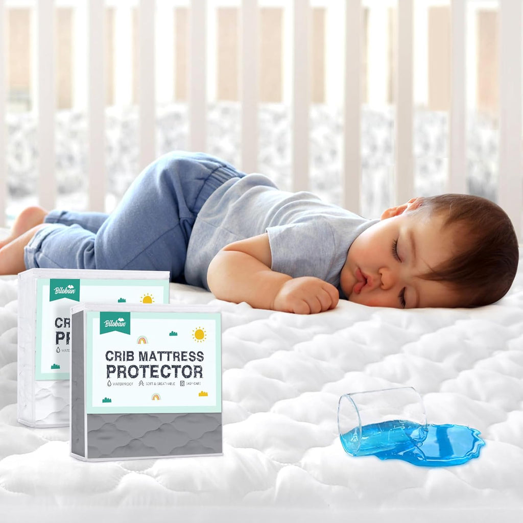 Regine Switzerland Crib Mattress Protector Sheets - 2 Pack Waterproof & Noiseless | 52" x 28" White & Gray