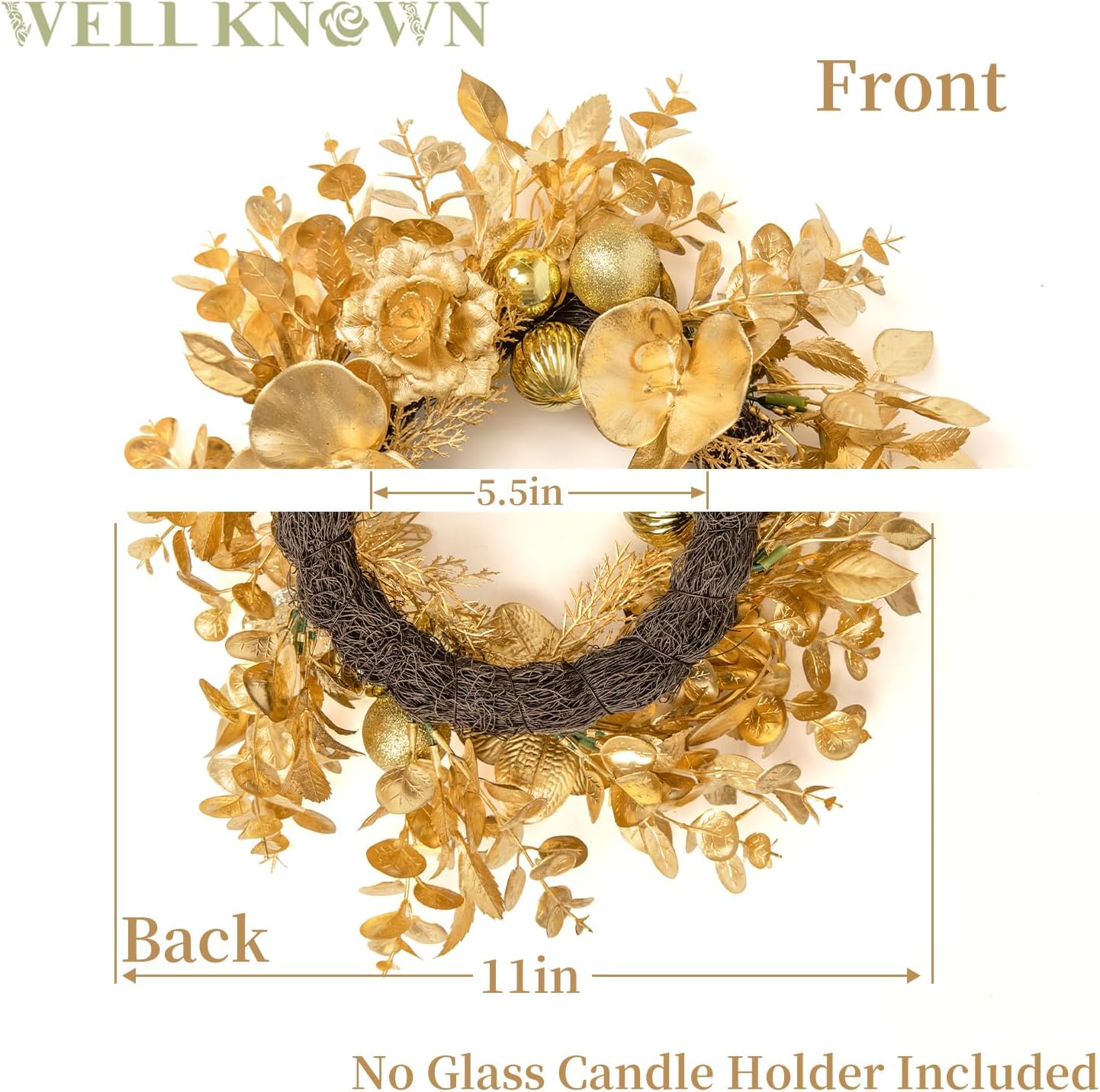 Skiennix Artificial Flower Candle Ring - 12" Gold Orchid & Eucalyptus Wreath for Home Decor | Perfect for Weddings & Centerpieces