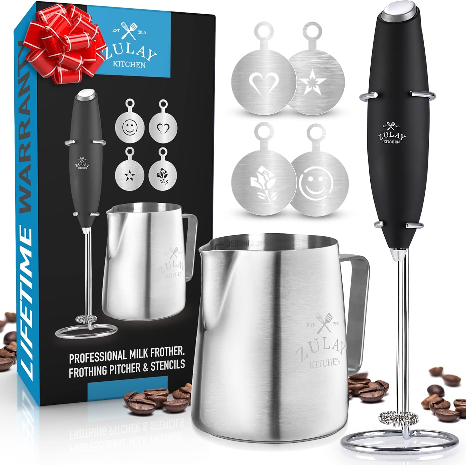 Zulay Premium Milk Frother Set - Handheld Coffee Frother with Stand & 12oz Pitcher | 4 Latte Art Stencils, 13,000 RPM Motor