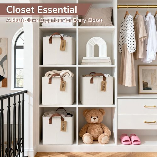 CHICVITA Large Storage Baskets - Collapsible Closet Organizer Bins with Metal Frame | 16.8" x 11" x 9.8", Beige