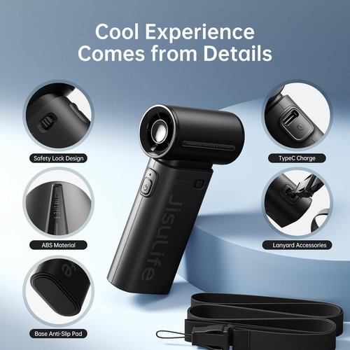 JISULIFE Portable Handheld Fan - Turbo Power High-Speed Air | 18H Cooling, 5000mAh Rechargeable, Mini Design - Black