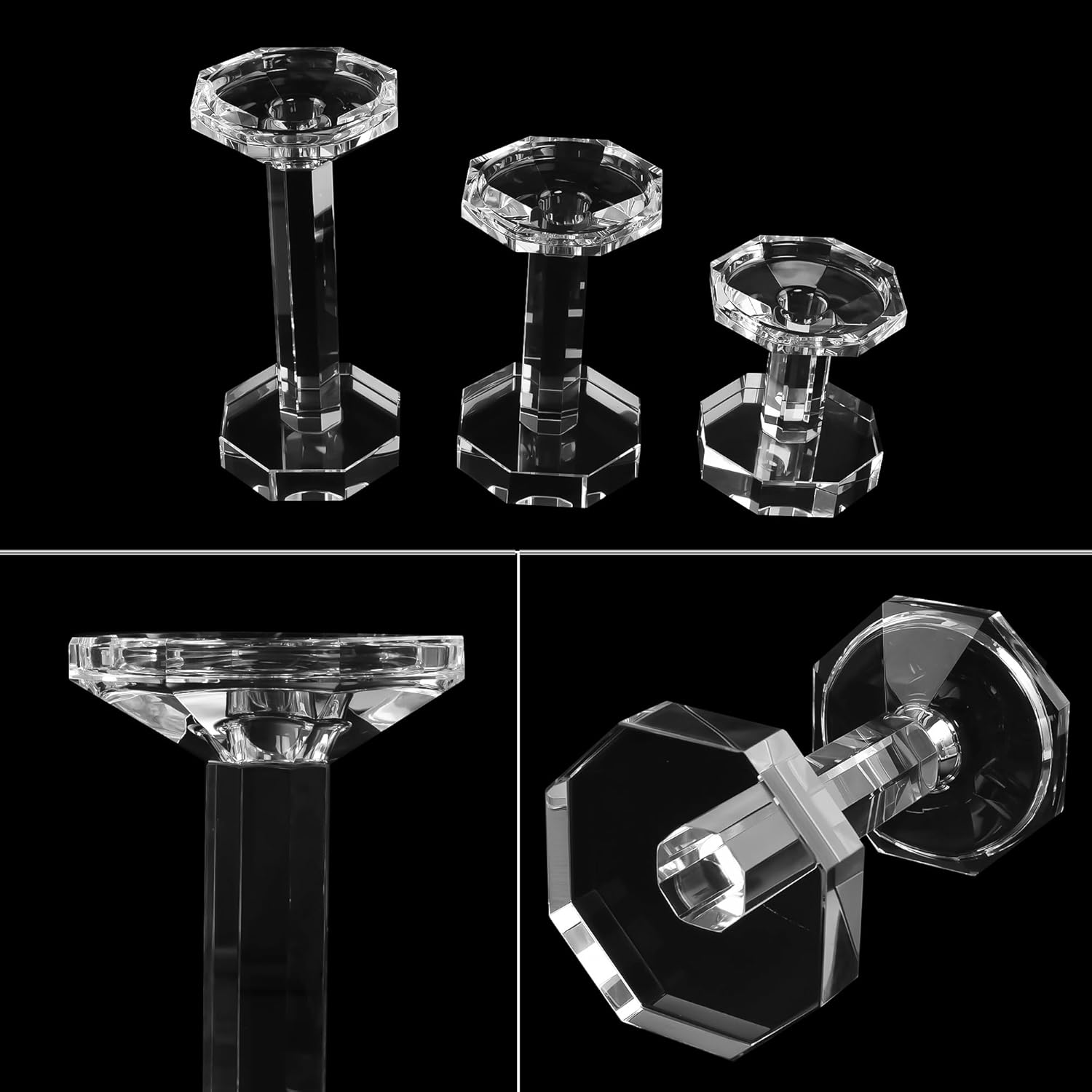 Skiennix Crystal Candlestick Holders - Set of 3 Clear Holders for Taper & Pillar Candles | Elegant Table Centerpieces (4''/6''/8'' Tall)