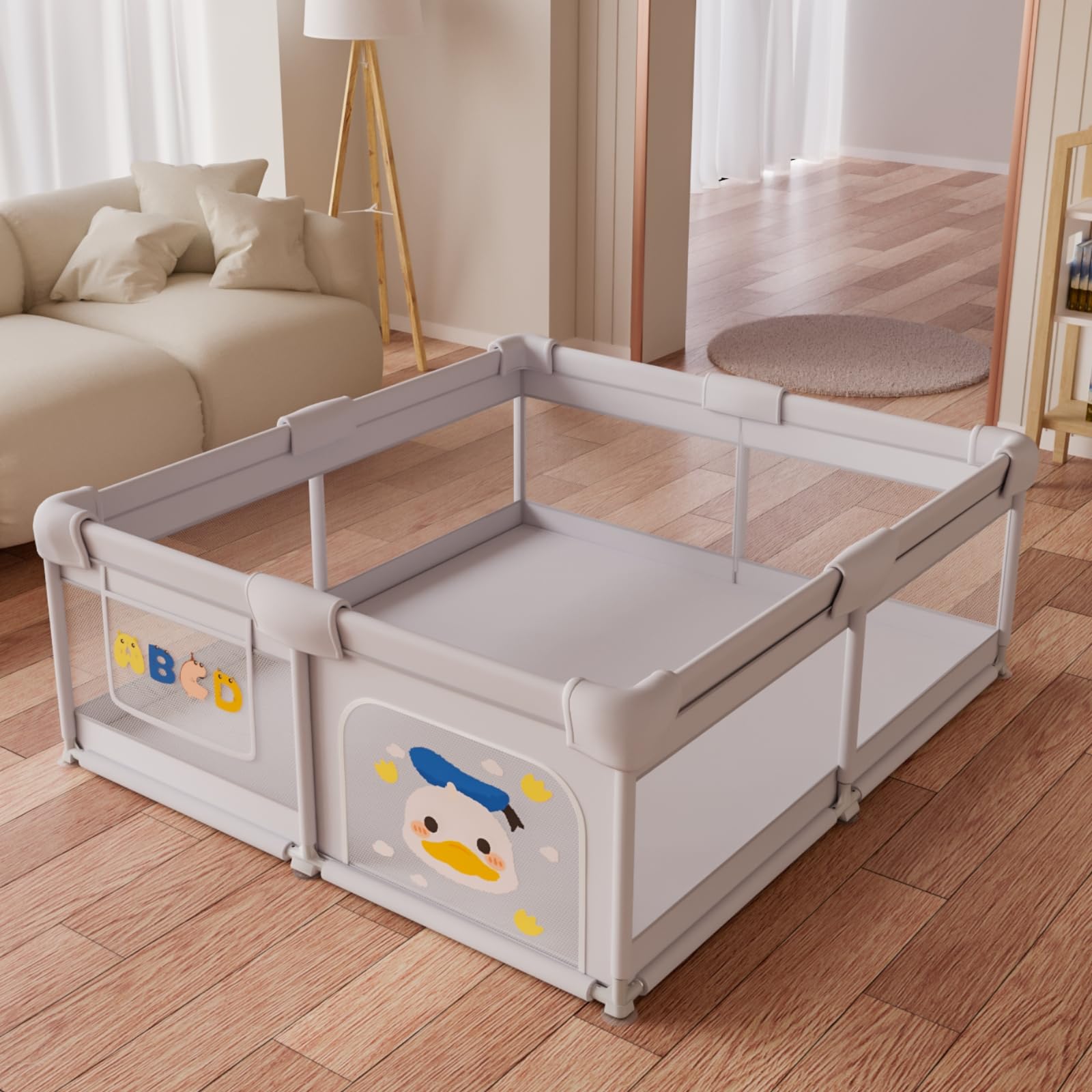 Baby Playpen Baby Playard for Babies and Toddlers, Indoor & Outdoor Kids Activity Center, Sturdy Safety Anti-Fall Play Yard with Soft Breathable Mesh, Kid's Fence for Infants Toddlers, Grey, 71″×47″