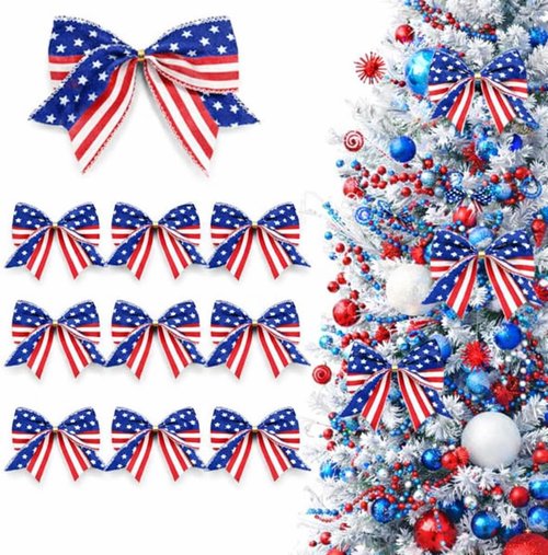 American Flag Bows - 12 PCS Red, White & Blue Patriotic Bows | 6 Inch for 4th of July & Memorial Day Decor