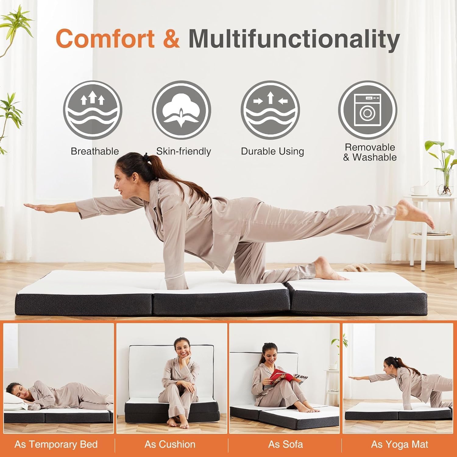 Sweetcrispy Tri-Fold Memory Foam Mattress - 4-Inch Portable Bed Pad for Travel, Camping & Yoga | Washable Cover
