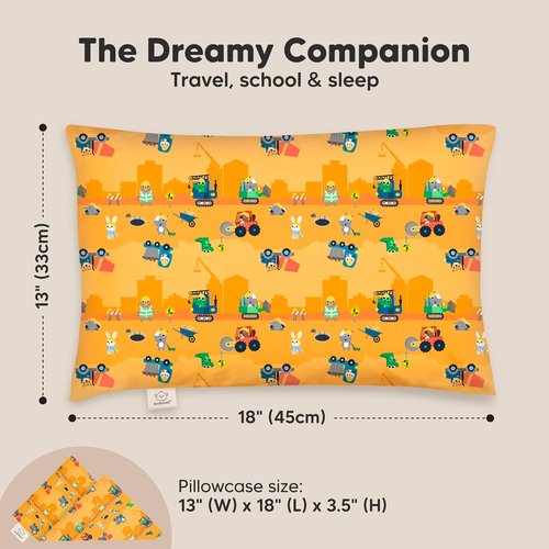 Little Builders Toddler Pillow - Soft Organic Cotton Travel Bed Pillow with Case | 13x18 Inches, Machine Washable