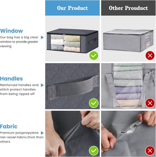 HomeHacks Clothes Organizer Storage Bags - Foldable 35L with Clear Window & Sturdy Handles | Gray 3-Pack