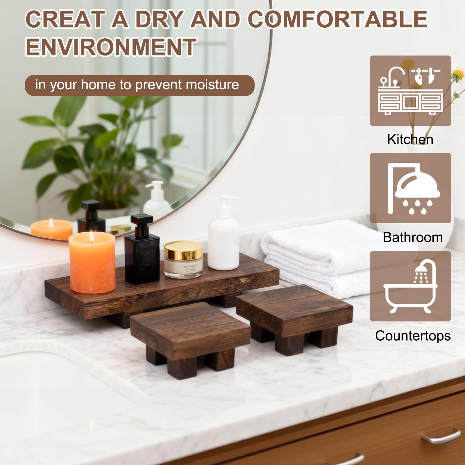 ColoBrethy 3-Piece Waterproof Pine Wood Riser Set Rustic Farmhouse Countertop Organizer for Bathroom Vanity, Perfume, Skincare & Kitchen Spices includes 1 Large (8.7") & 2 Small (3.6") Display Stands