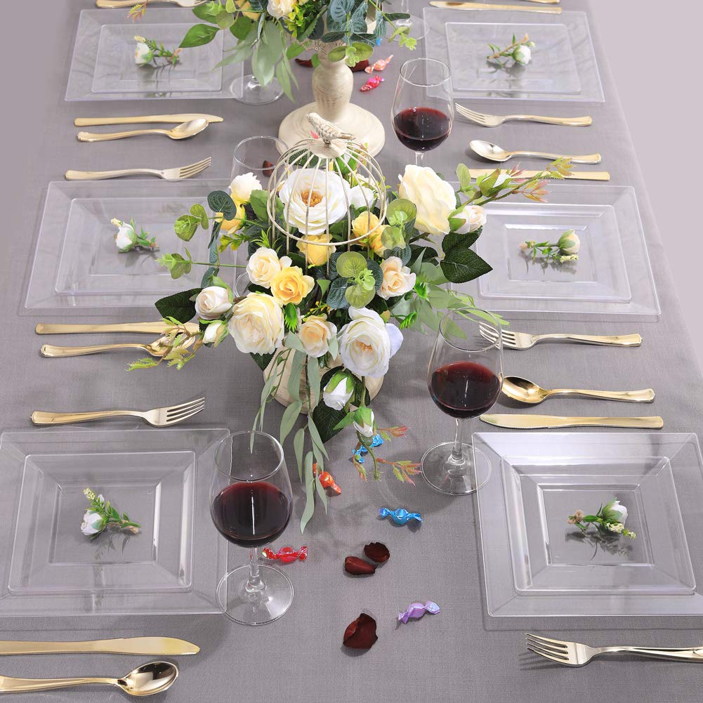 WDF 60PCS Clear Plastic Plates-9.5inch Square Disposable Plates - Premium Square Plastic Dinner Plates-Clear Dinner Plates Perfect for Wedding & Parties