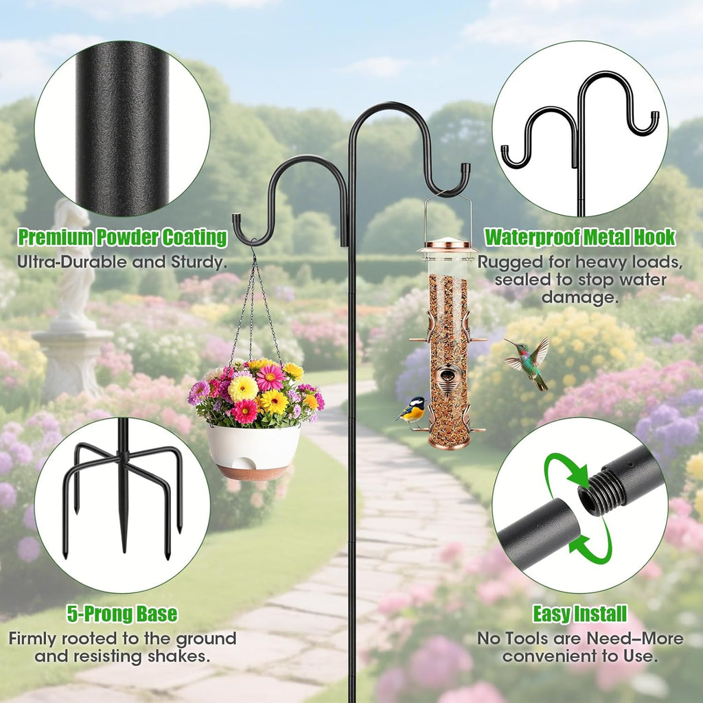 Skiennix 79-Inch Double Shepherds Hooks - Heavy Duty Bird Feeder Pole with 5-Prong Base for Lanterns & Hummingbird Feeders