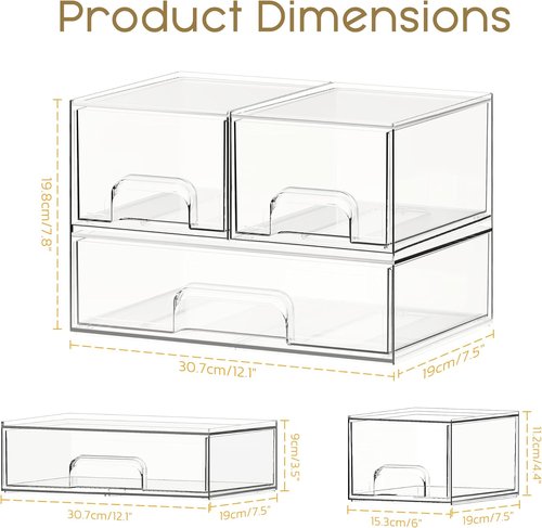 Criusia Stackable Storage Drawers - 3 Pack Clear Acrylic Makeup Organizer for Vanity & Bathroom