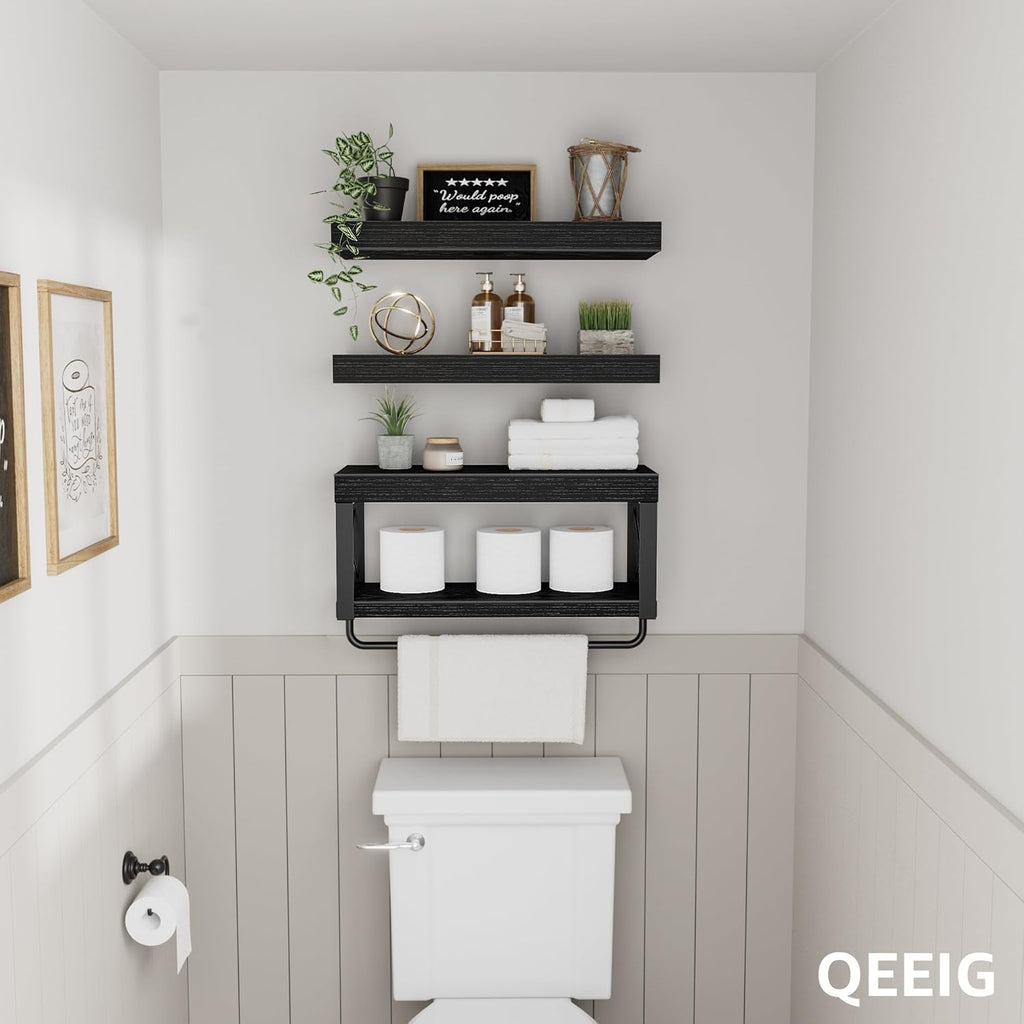 QEEIG Bathroom Shelves - Over Toilet Floating Shelf for Toilet Paper Storage | Set of 3, Black, 16 Inch