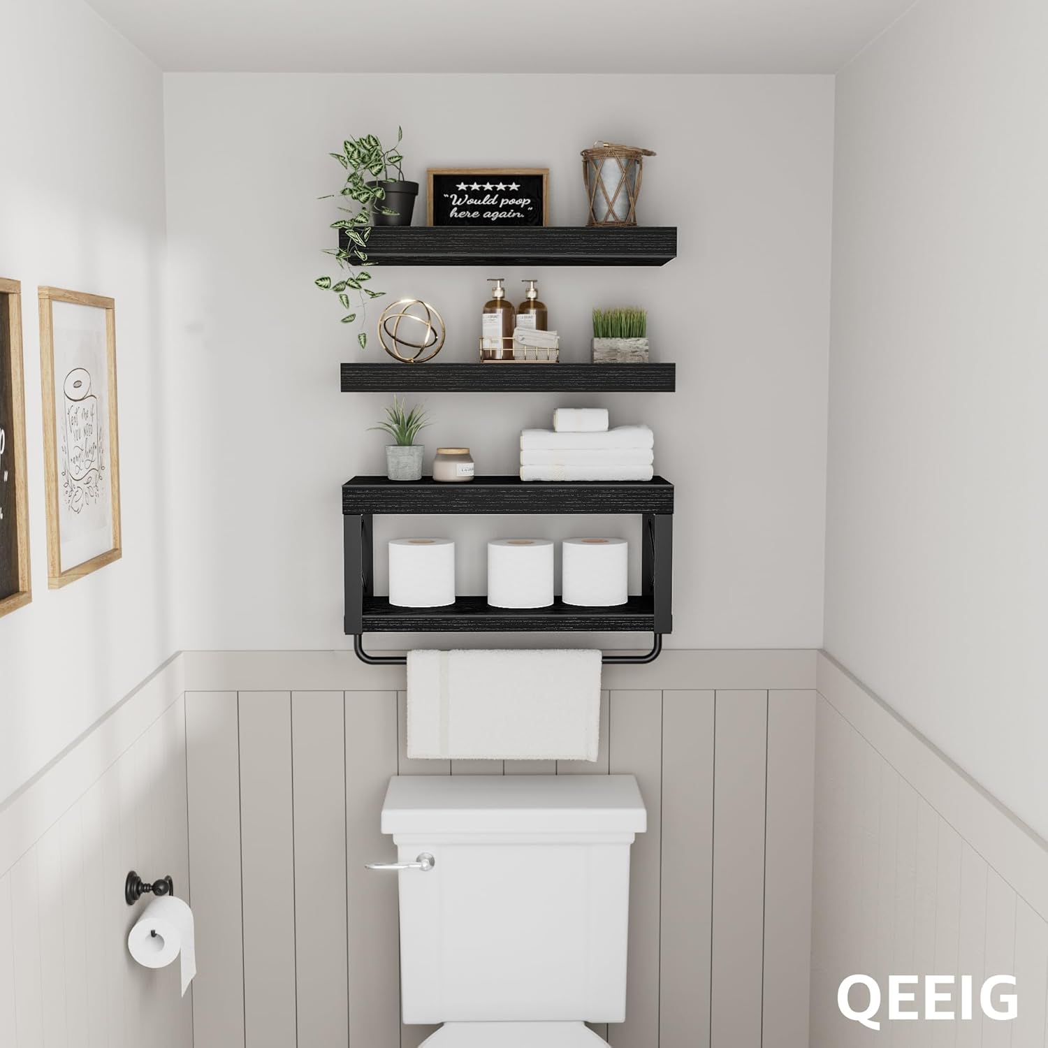 QEEIG Bathroom Shelves - Over Toilet Floating Shelf for Toilet Paper Storage | Set of 3, Black, 16 Inch