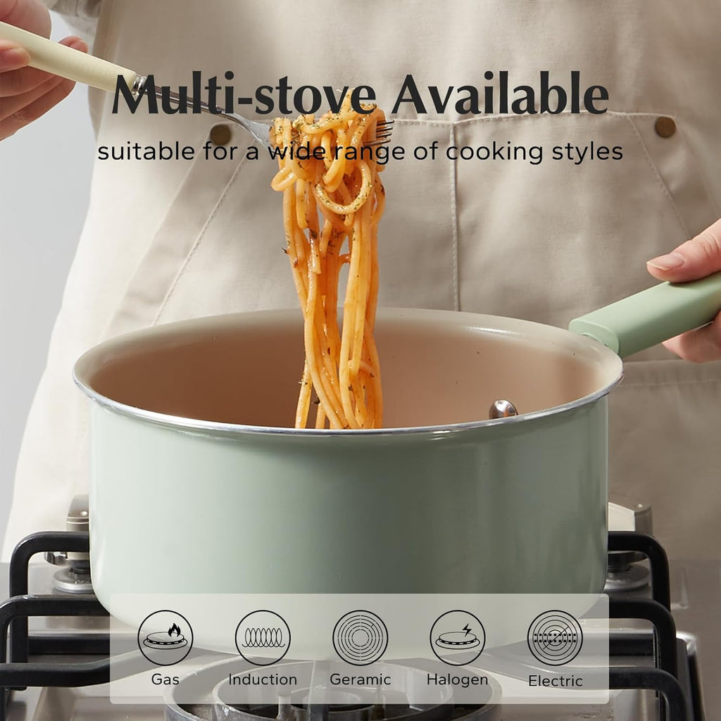 Redchef Ceramic Nonstick Saucepan - 1.5QT Small Cooking Pot with Lid, PFAS-Free, Green Color