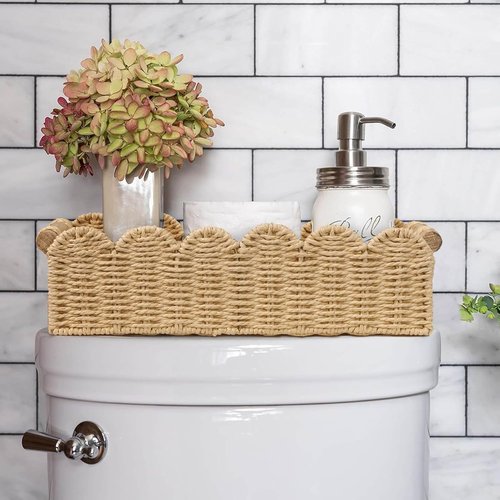 CubesLand Scalloped Edge Toilet Paper Storage Basket - Cozy Home Decor | Beige, Small Size with 2 Wooden Handles