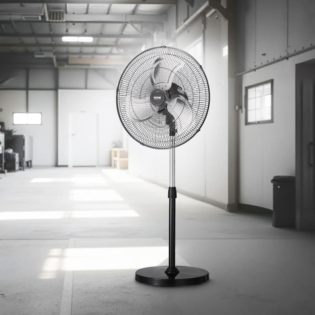 VEVOR 20-Inch Industrial Pedestal Fan - Adjustable Height & 90-Degree Oscillation | Powerful Black Floor Fan for Warehouses & Garages