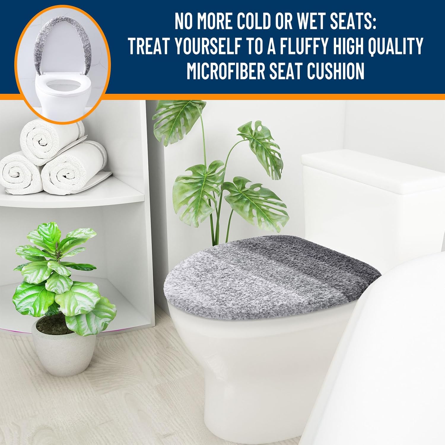 OLANLY Microfiber Toilet Lid Cover - Soft & Machine Washable | 17.5x15, Rubber Backing, Gray