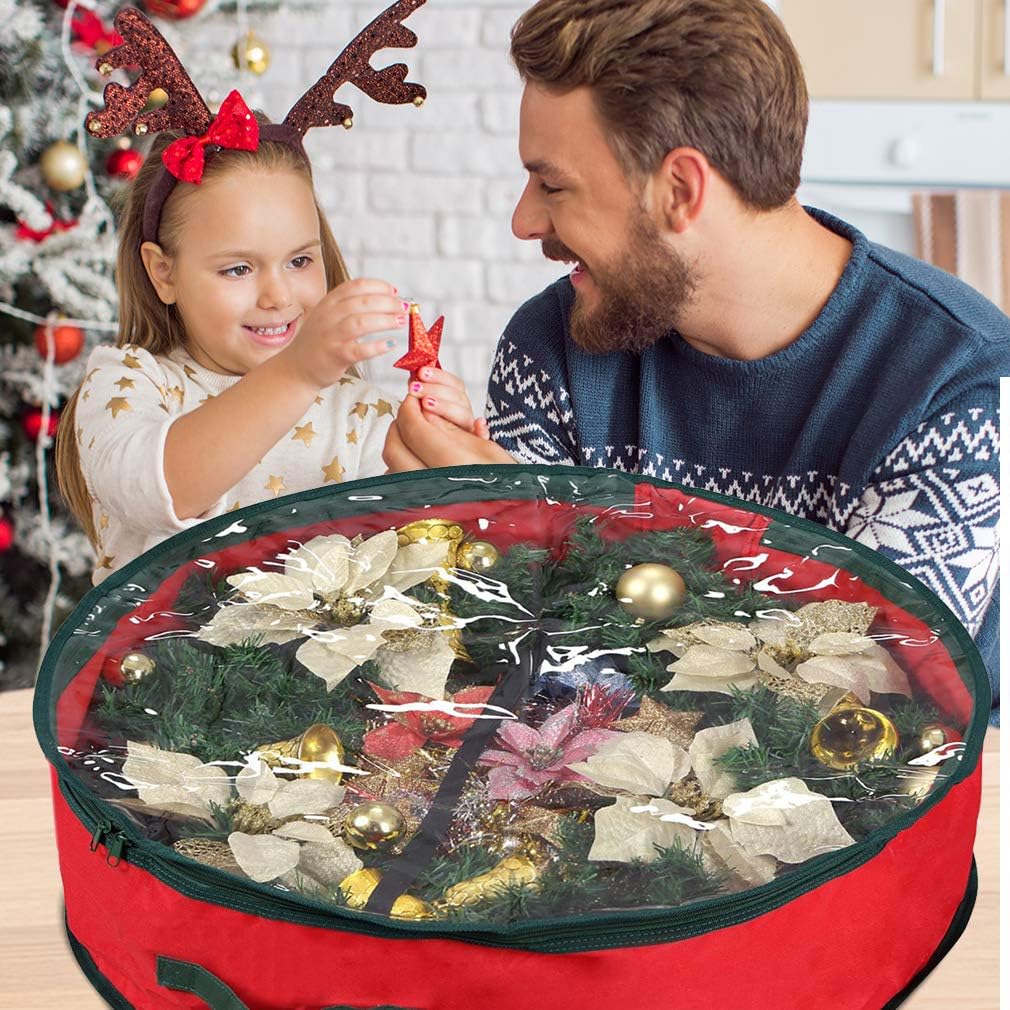 Primode Christmas Wreath Storage Bag 36" - Durable 600D Oxford Container with Clear Window for Easy Holiday Storage (Red)