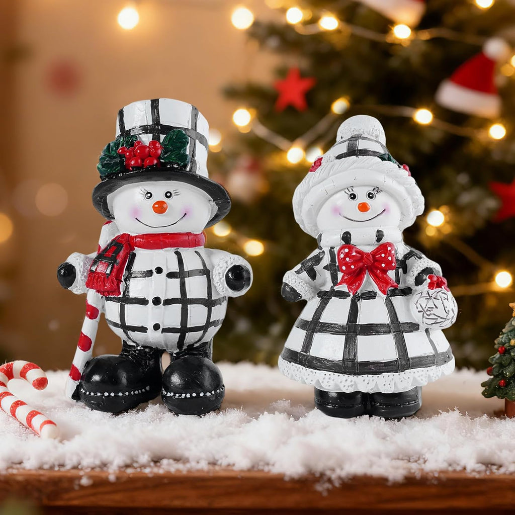 Snowman Figurines Set of 2 - Black and White Plaid Indoor Christmas Decorations | Winter Home Decor