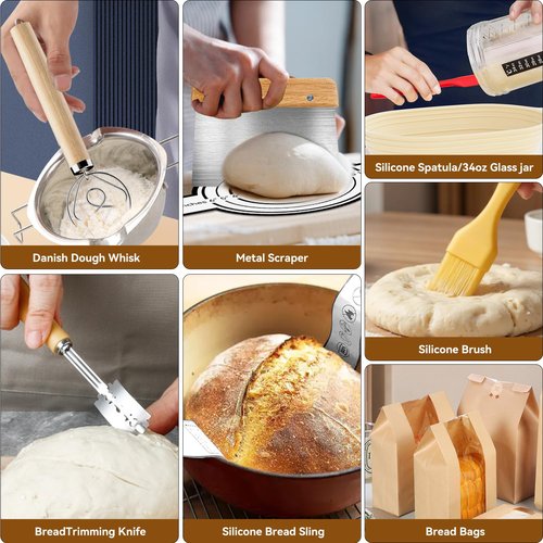 24 PCS Sourdough Starter Kit w/ 34oz Sourdough Starter Jar, Sourdough Bread Baking Supplies 9" Round & 10" Oval Silicone Banneton Bread Proofing (Yellow)